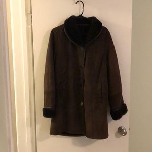 Espresso brown suede coat with sheepskin lining.
